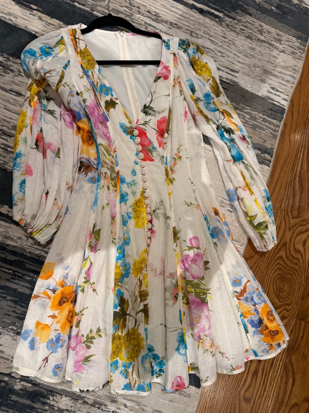 Floral Linen-Blend Midi Dress in Cream with Multicolor Blooms